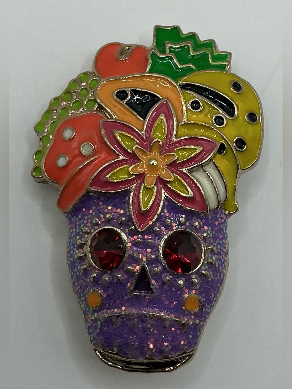 COLORFUL PURPLE SUGARSKULL FASHION BROOCH WITH ENAMEL RHINESTONE ACCENTS NWOT